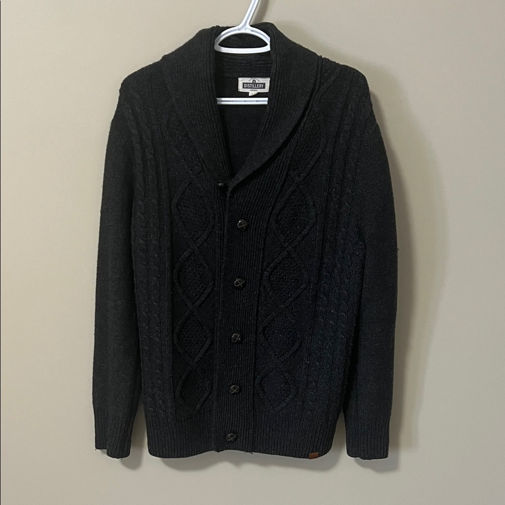 Mens Black Button Front Cable Knit Cardigan Sweater Minimalist Fisherman Size M